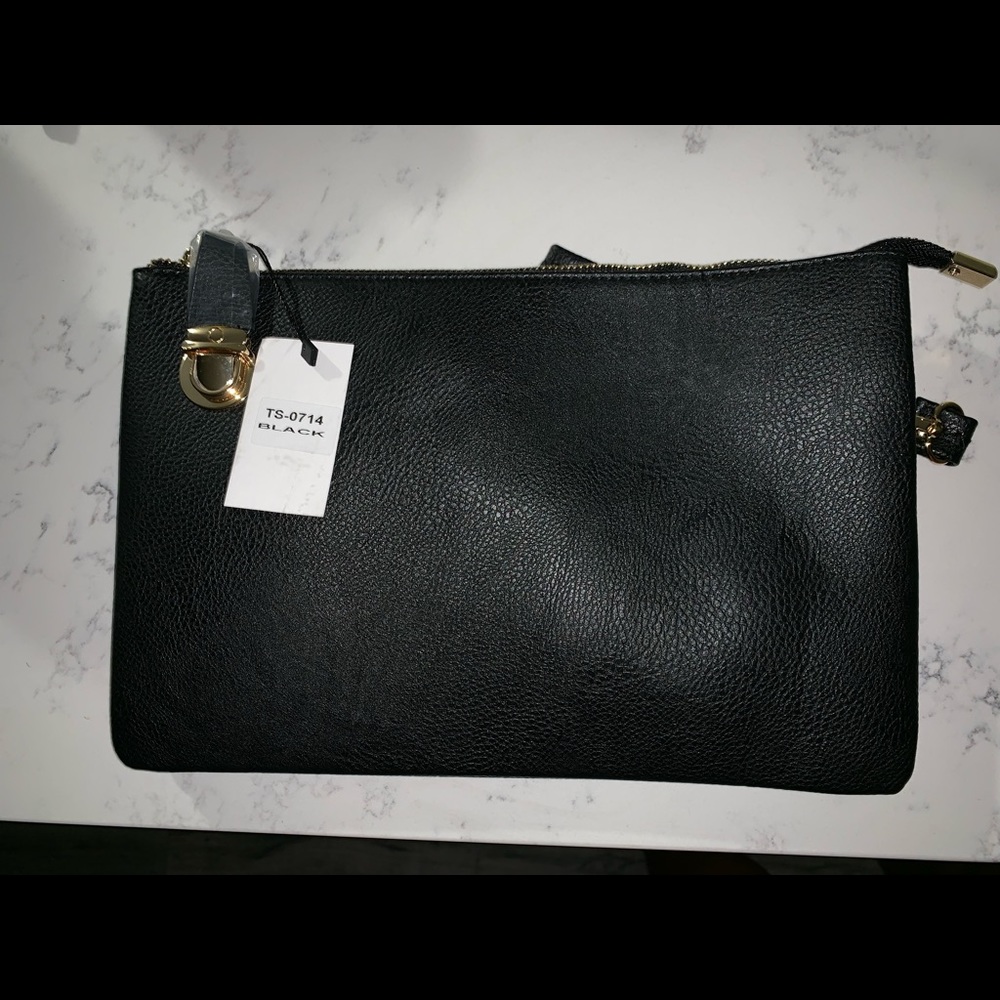 Black clutch with wrist strap
